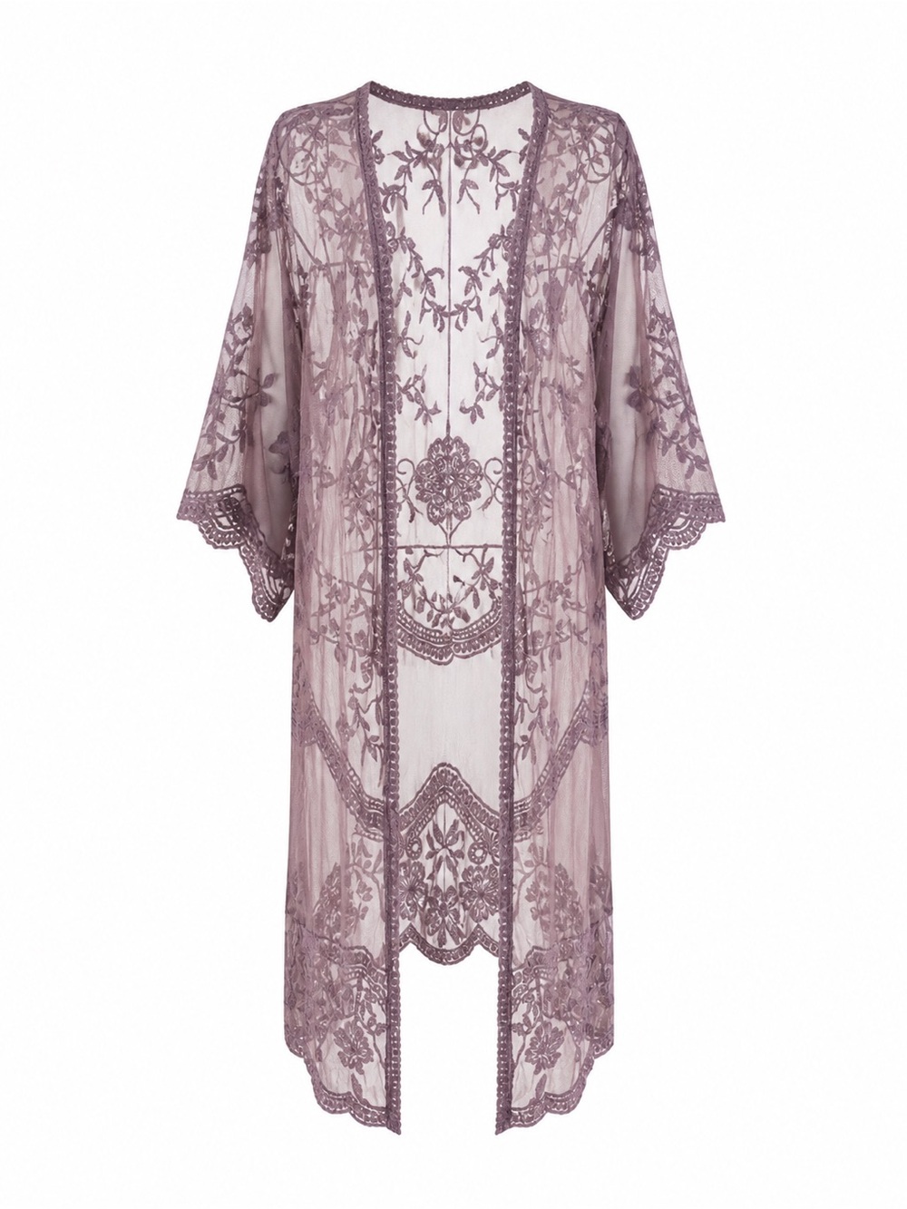Lace Embroidered Sheer Kimono Robe Cardigan Cover Up - Dusty Mauve Sz M
